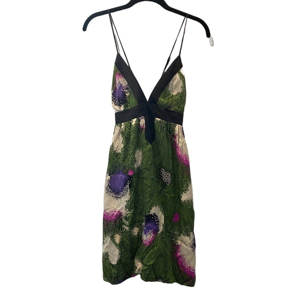 Single Dress Abstract Print Fun Strappy Dress in Green & Black 100% Silk Small - Picture 3 of 13
